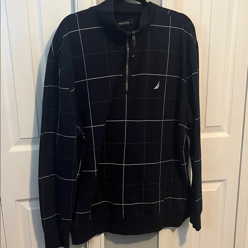 Nautica Men's Black and White Grid Zip-Up Sweater
